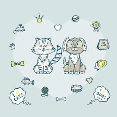 Vector Cute Dog and Cat together. Pet item set. Hand Drawn Doodle Puppy and Kitten and accessories for Pets
