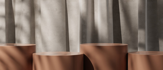 Cosmetic podium for product presentation. Cream podium and white curtain with soft shadow. 3d rendering - illustration.