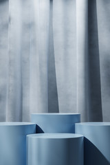 Cosmetic podium for product presentation. Blue podium and curtain with soft shadow. 3d rendering - illustration.