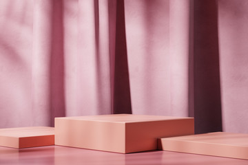 Cosmetic podium for product presentation.Pink podium and curtain with soft shadow. 3d rendering - illustration.