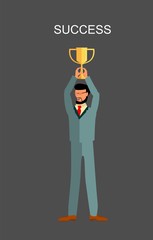 Successfull man with cup of winner, illustrate victory in business, vector