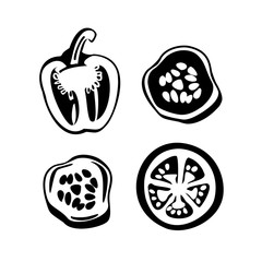Set of black and white vector illustrations. Sliced: bell pepper, tomato, cucumber. Isolated on a white background.