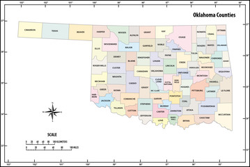 oklahoma state outline administrative and political vector map in color