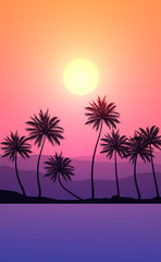 Obraz na płótnie Canvas Natural Coconut trees. Mountains horizon hills. Silhouettes of palm trees and hills. Sunrise and sunset. Landscape wallpaper. Illustration vector style. Colorful view background.