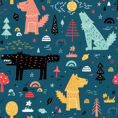 Cute Wolf Vector Seamless pattern. Childish Background with Hand Drawn doodle Wolves in Forest. Cartoon Wild Animals Wallpaper. Design for kids
