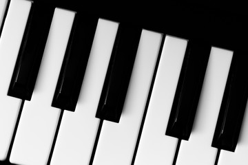 Black and white piano keys close up.