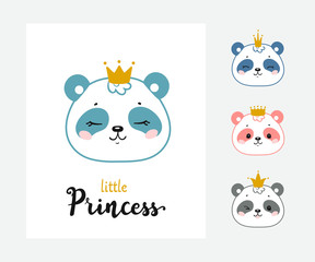 Cute Panda Bear Princess Vector Set. Baby Chinese Bear Face with Crown and Little Princess quote Poster for Kids
