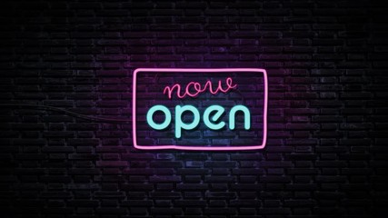 Now open neon sign on stone brick wall background. Business and service concept. - Powered by Adobe