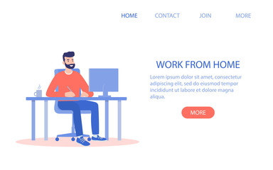 A man working on a computer at his Desk. Flat style color modern vector illustration.