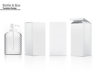 Glossy Transparent Pump Bottle Mock up Realistic Cosmetic and 3 Dimensional Box for Whitening Skincare and Aging anti-wrinkle merchandise on White Background Illustration. Health Care and Medical.