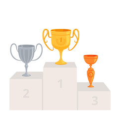 Gold, silver and bronze cups on a pedestal. Awarding of winners in competitions and contests. First, second and third place