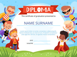 Layout of children's diploma with cheerful children superheroes. Kids reward