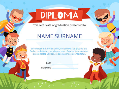 Layout Of Children's Diploma With Cheerful Children Superheroes. Kids Reward