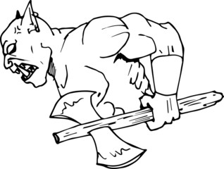 Illustration of an angry, strong orc warrior with his armor, axe and ready to battle.