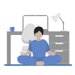 Yoga at home concept. Man sitting in lotus position and meditating near sofa and work desk. Freelance break time. Cute blue illustration in flat style.