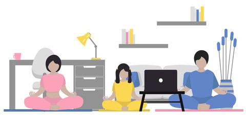 Family does yoga at home near sofa. Mom, dad and daughter in lotus position meditating in front of a laptop. Concept online yoga class and quarantine time.  Cute illustration in flat style. 