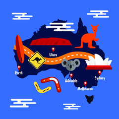 Mapa Australii z rozpoznawalnymi symbolami Australii i miastami. 
Cartoon Australia continent map with  famous symbols of Australia and cities. Vector illustration. 