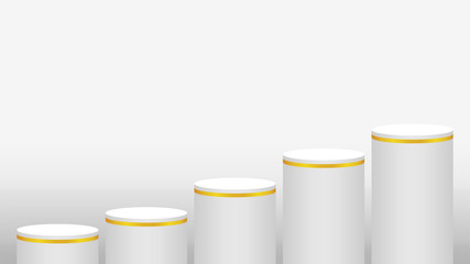 pedestal cylinder circle five steps for cosmetics showcase, podium circle stage white grey and gold color, platform 5 steps and advertising copy space, podium round five layers of product display