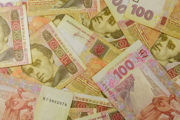 Ukrainian currency. Background of one hundred hryvnia banknotes