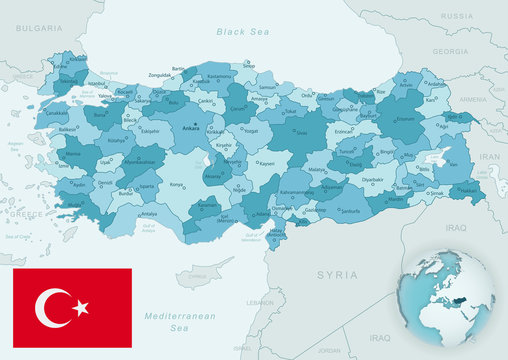 Blue-green detailed map of Turkey and administrative divisions with country flag and location on the globe.