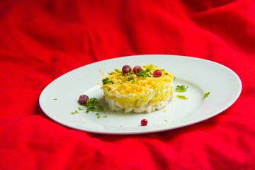 Pineapple salad, decorated with berries on a red background.