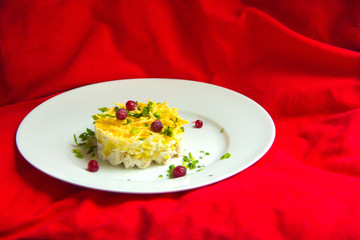 Pineapple salad, decorated with berries on a red background.