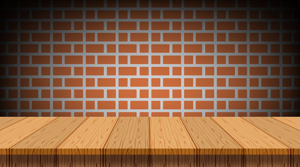 empty wood table, retro wall brick for copy space, counter wood table on rustic wall brick, wooden table for display mockup, wood tabletop desk for shelf place product, wooden plank of kitchen counter
