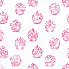 Outlined cupcakes on white background. Seamless vector pattern. Food, desserts and sweet theme.