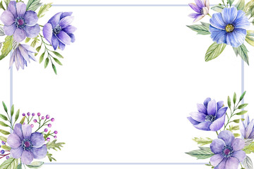 Watercolor floral frame / border - flower illustration for wedding, anniversary, birthday, invitations, romantic events. Floral arrangement with blue and purple flowers on white background