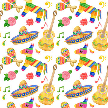 Watercolor seamless pattern with Cinco de Mayo celebration in Mexico, icons set, design elements. Collection objects for Cinco de Mayo parade with pinata, food, sambrero, cactus, guitar, flowers. 