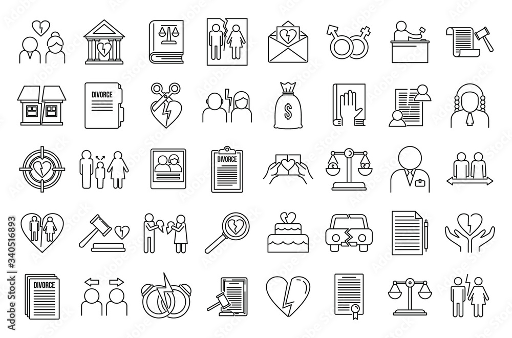Poster divorce separation icons set. outline set of divorce separation vector icons for web design isolated