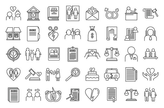 Divorce separation icons set. Outline set of divorce separation vector icons for web design isolated on white background
