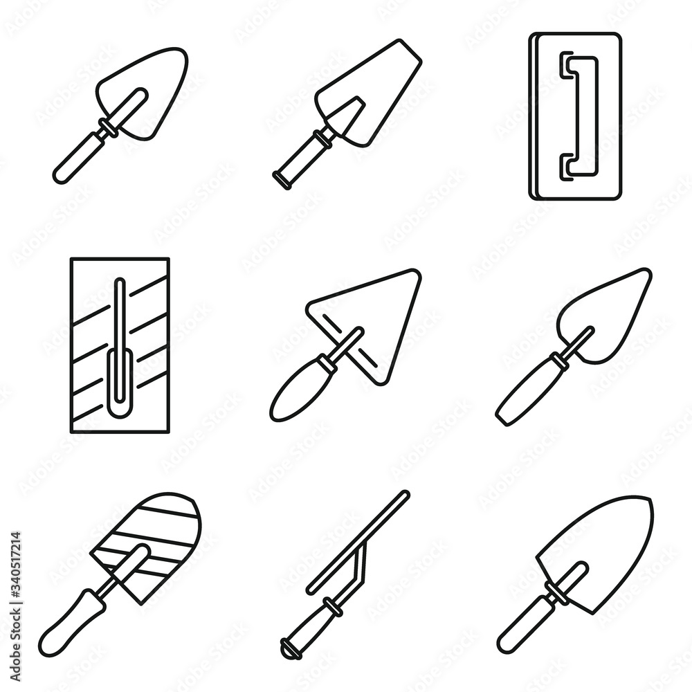 Poster trowel tool icons set. outline set of trowel tool vector icons for web design isolated on white back
