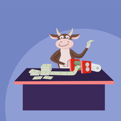 A bull sits at a table and prints money - a concept of wealth. Cute character, symbol of the year, vector illustration