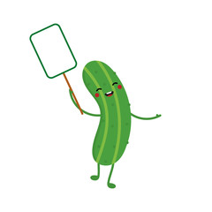 Cute smiling cartoon green cucumber character holding blank sign, card in hands. 