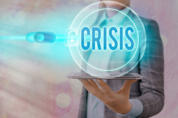 Text sign showing Crisis. Business photo showcasing time when difficult or important decision must...