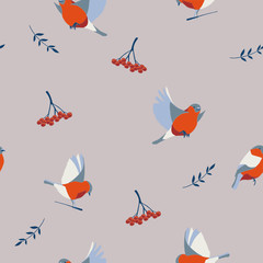 Vector seamless winter pattern with bullfinch birds and floral motifs