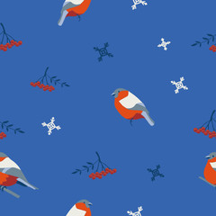 Vector seamless winter pattern with bullfinch birds and floral motifs