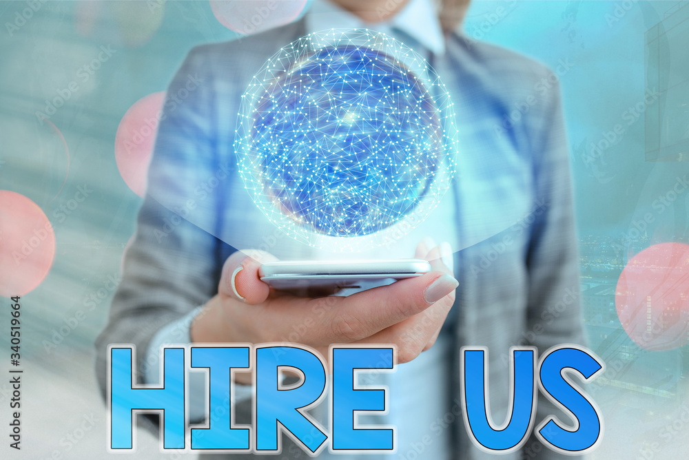 Poster conceptual hand writing showing hire us. concept meaning used by resources indicate employee that he