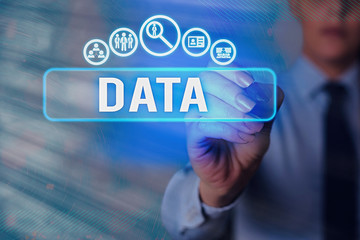 Writing note showing Data. Business concept for Piece of information Facts and statistics collected...