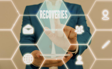 Word writing text Recoveries. Business photo showcasing process of regaining possession or control...