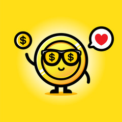vector design of a bespectacled mascot coin holding a dollar bill