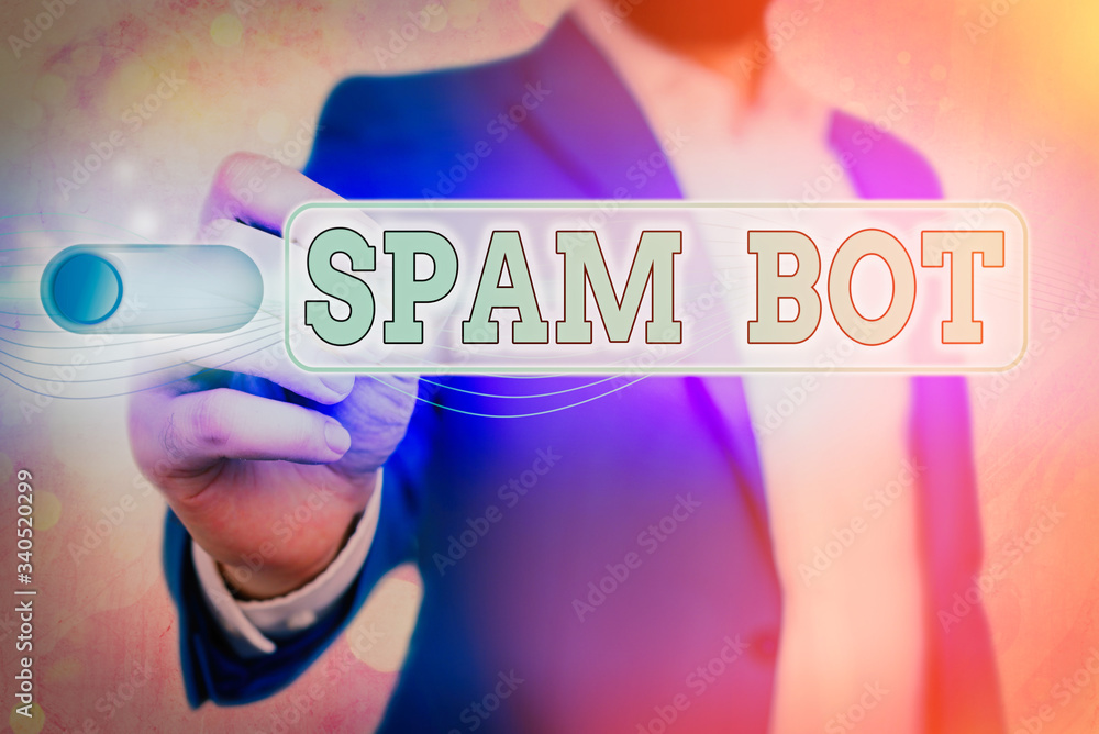 Poster word writing text spam bot. business photo showcasing autonomous program on the internet that sends 