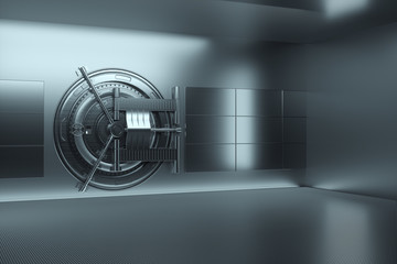 Bank vault door, large safe, sturdy metal. The concept of bank deposits, deposit, cells, good protection of savings. Copy space, 3D illustration, 3D render.