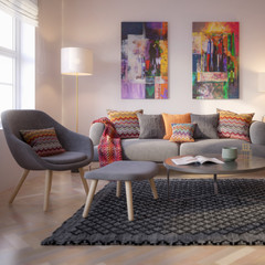Modern Furnishings and Art Panintings Inside an Apartment - focused 3d visualization
