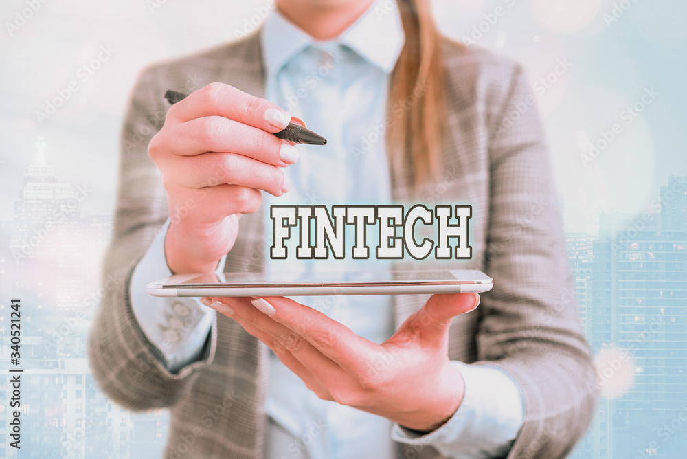 Poster text sign showing fintech. business photo text computer programs and other technology supporting fin