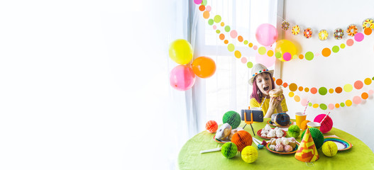 Children virtual birthday party with cake online together with her friend in video conference. Banner