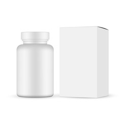 Plastic pills jar with cardboard box mockup isolated on white background. Vector illustration