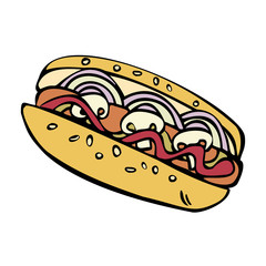 Hot Dog. Color vector illustration. Isolated on a white background.