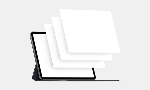 Tablet computer mockup with blank wireframing pages. Concept for showcasing web-design projects. Vector illustration